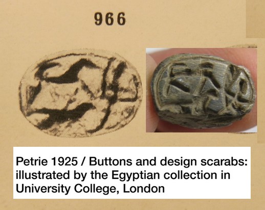 6079. An interesting 19th dynasty hardstone hunt scene scarab.