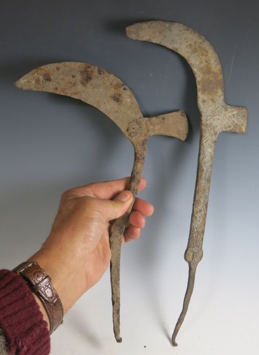 4377. **SOLD** Pair of iron guisarme-like pruning billhooks