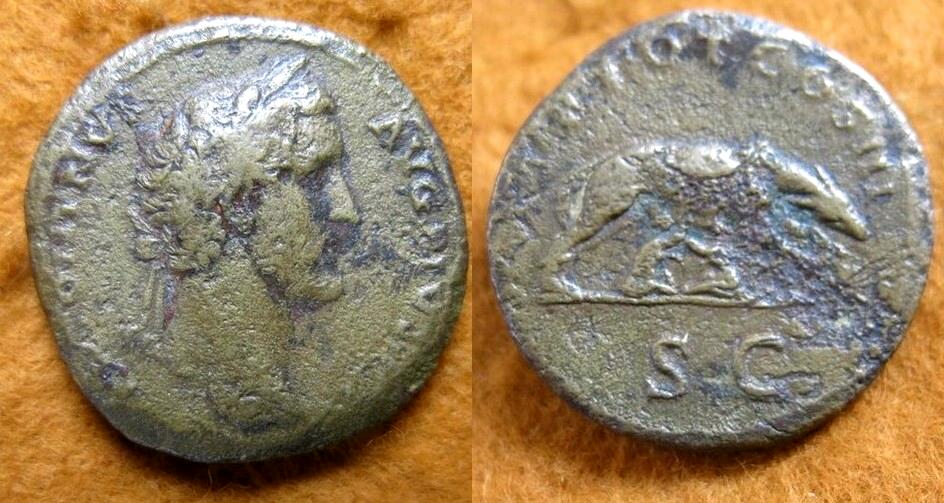 Sestertius Antontinus Pius - She wolf with Romulus and Remus