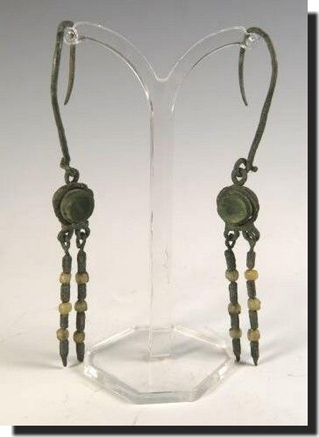 1575. Unusual pair of late Roman/Byzantine  bronze and glass earrings