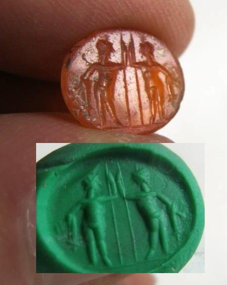 **SOLD** Very nice translucent carnelian intaglio - the Dioscuri