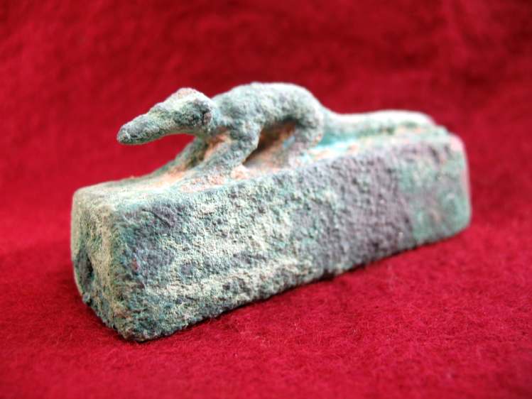 4424. **SOLD** Egyptian bronze mongoose amulet case