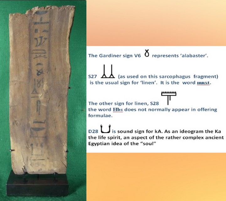 5212.  **SOLD** Good sized mounted fragment  from a wooden sarcophagus