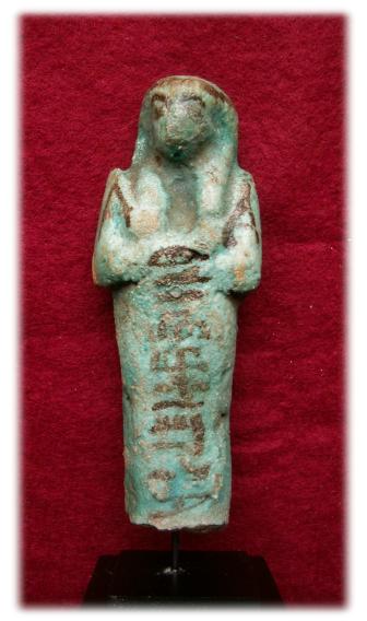 ES352.**SOLD** Lovely deep torquoise blue named TIP shabti on stand
