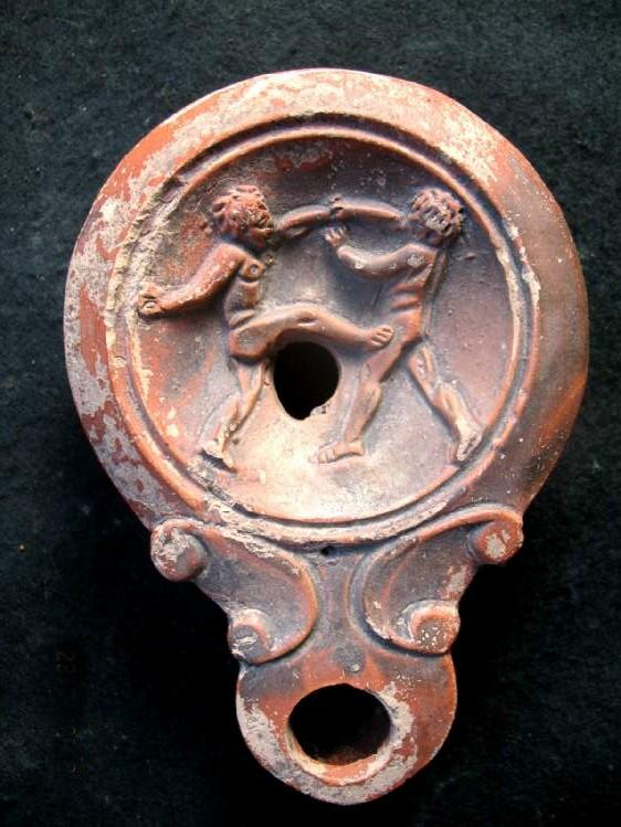 1722.  **SOLD** Very fine and RARE Roman lamp with boxers