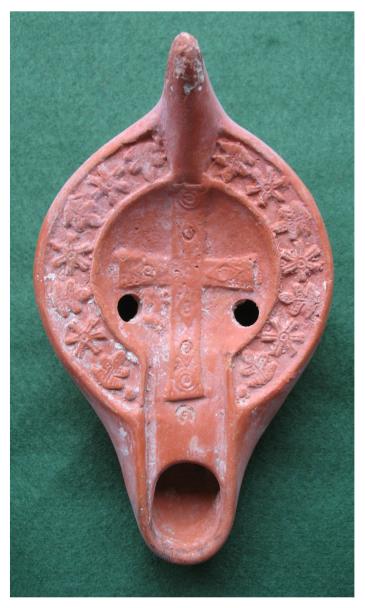 691.**SOLD** RARE form of early Christian Roman lamp