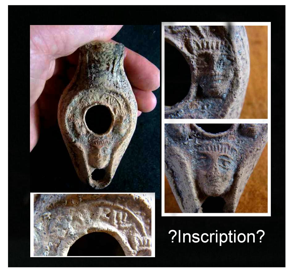 4986. **SOLD** Very unusual terracotta lamp ? inscribed