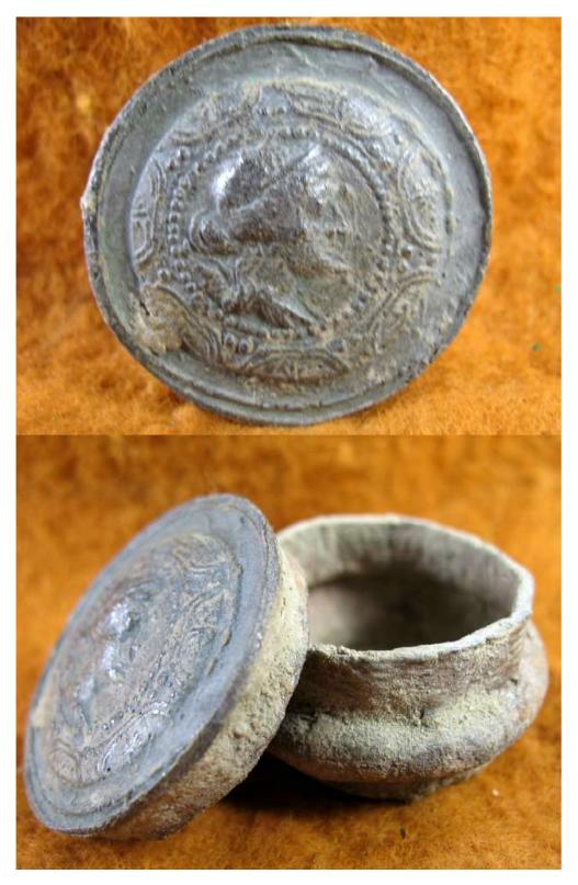 2062. **SOLD** Interesting Roman bronze pot with decorative lid