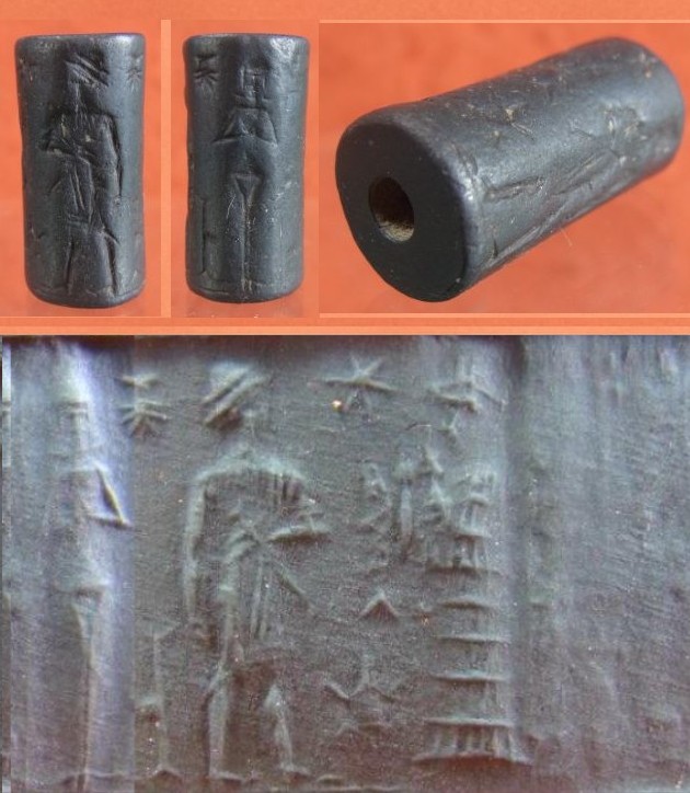 5421. **SOLD**  Interesting black stone Old Babylonian cylinder seal
