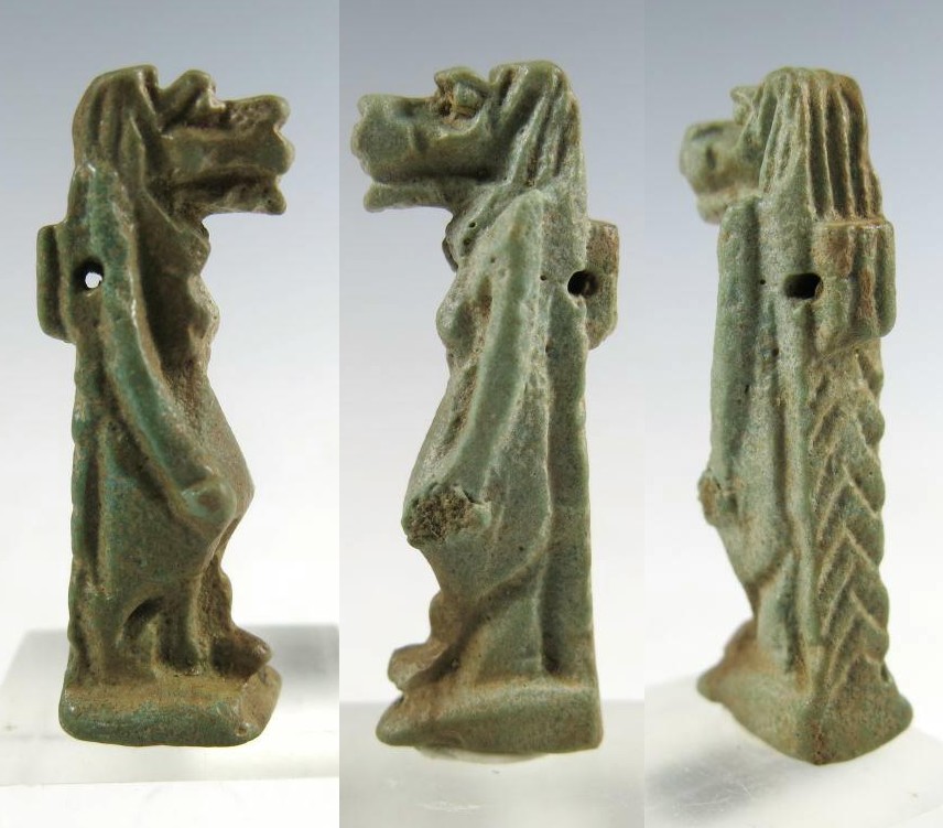 4210. **SOLD** Good green faience amulet to Taweret/Thoeris