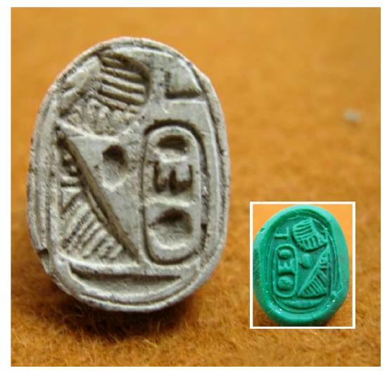 4167.**SOLD**  Good steatite scarab with cartouche of Thothmess III