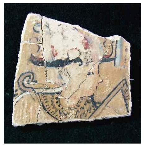 612. **SOLD**  VERY RARE  framed fragment of painted Meroitic stucco showing the god Osiris