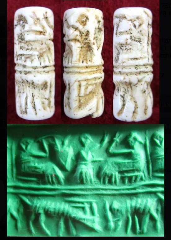 6094. **SOLD**  Nice Early Dynastic white marble cylinder seal.